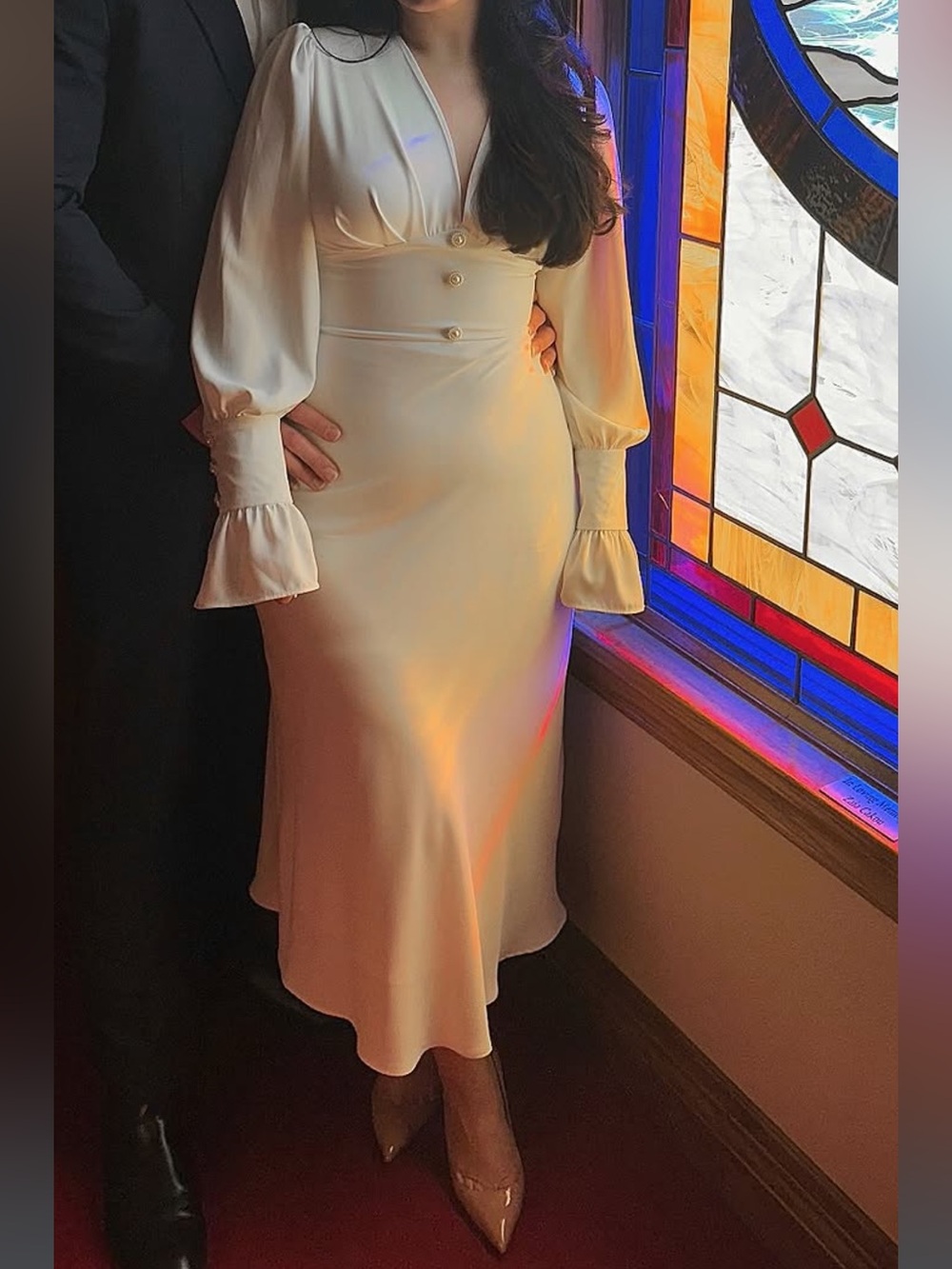 Elegant Cream Long-Sleeve Midi Dress with Button Detail